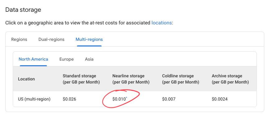 GCP cloud storage pricing